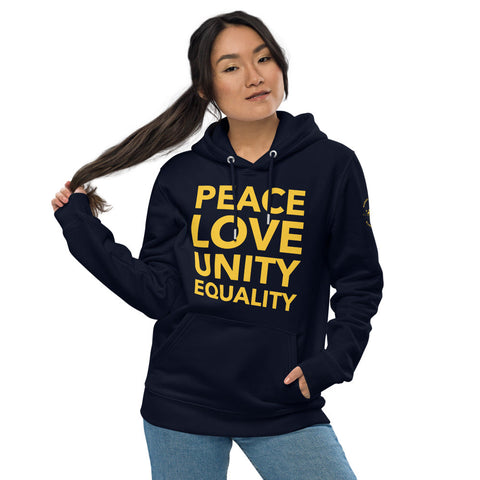 Karma Inc Apparel  S "PEACE LOVE UNITY EQUALITY" Maize And Blue Preimum Organic Cotton Unisex Hoodie